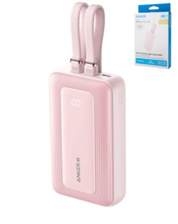 ANKER POWER BANK W/ BUILT-IN USB-C & LIGHTNING CABLE (10000 mAh / 30W) (PINK) (Only Ground Shipping)