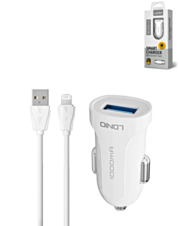 LDNIO C17 1A USB-A Car Charger with USB-L Non-MFI Cable (WHITE) (3ft) (10W) (Only Ground Shipping)