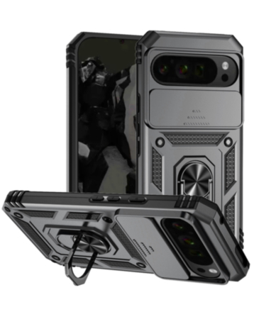 Dual Layers Hybrid Case (Black) for Google Pixel 9 Pro XL / 10 Pro XL / 11 Pro XL with Metal Ring and Camera Protector (Only Ground Shipping)