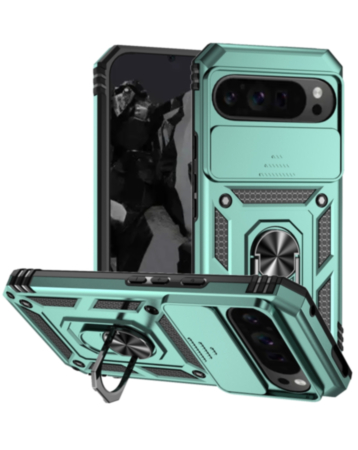 Dual Layers Hybrid Case (Green) for Google Pixel 9 Pro XL / 10 Pro XL / 11 Pro XL with Metal Ring and Camera Protector (Only Ground Shipping)