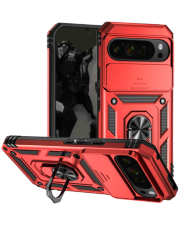 Dual Layers Hybrid Case (Red) for Google Pixel 9 Pro XL / 10 Pro XL / 11 Pro XL with Metal Ring and Camera Protector (Only Ground Shipping)