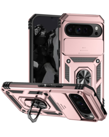 Dual Layers Hybrid Case (Rose Gold) for Google Pixel 9 Pro XL / 10 Pro XL / 11 Pro XL with Metal Ring and Camera Protector (Only Ground Shipping)