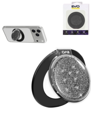 EVO CrystalRing Magnetic Glitter Phone Grip Stand Compatible with Wireless Charging (BLACK) (Only Ground Shipping)