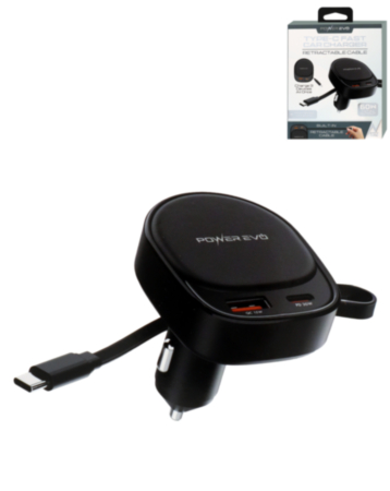 2 Port PD Car Charger with Built in Retractable USB-C Cable (60W) (Only Ground Shipping)