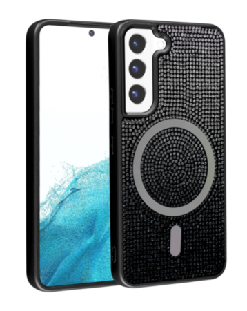 Wireless Charging Bling Diamond Crystal Case - BLACK & SILVER for Galaxy S23 Plus (Only Ground Shipping)