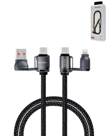 Ven-Dens USB A+C to C+L Fast Charging Data Cable with Lanyard (BLACK) (60W) (6ft) (Only Ground Shipping)