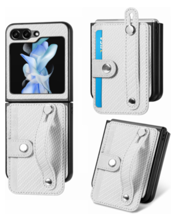 Wallet Case with Credit Card Holder Slot & Wristband - WHITE for Galaxy Z Flip 6 / Z Flip 7 FE (Only Ground Shipping)