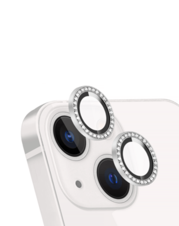Diamonds Metal Ring with HD Tempered Glass for iPhone 13 / 13 Mini (WHITE)