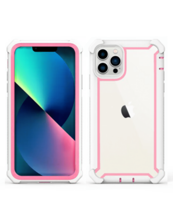 3in1 Hybrid Clear Soft TPU Hard PC Back Cover Case - WHITE & PINK for iPhone 13 Pro (Only Ground Shipping)