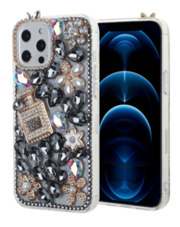 Crystal Flower Perfume Silicone Hard Case - BLACK for iPhone 13 Pro Max (Only Ground Shipping)