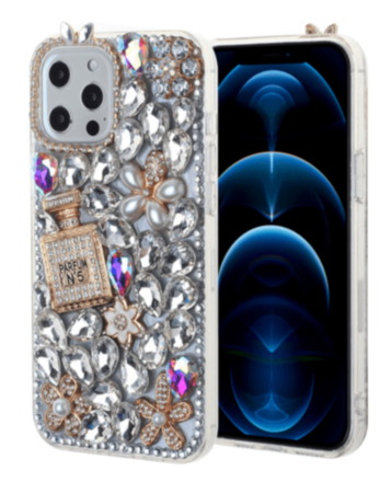 Crystal Flower Perfume Silicone Hard Case - SILVER for iPhone 13 Pro Max (Only Ground Shipping)