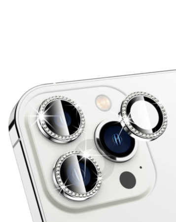 Diamonds Metal Ring with HD Tempered Glass for iPhone 13 Pro Max / 13 Pro (WHITE)