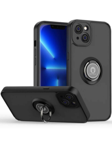 Hard PC Rear / Soft TPU Colorful Border Case with I-ring Holder - BLACK for iPhone 14 / 13 (Only Ground Shipping)