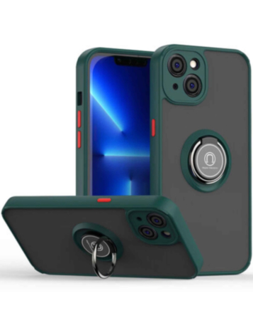 Hard PC Rear / Soft TPU Colorful Border Case with I-ring Holder - DARK GREEN for iPhone 14 / 13 (Only Ground Shipping)