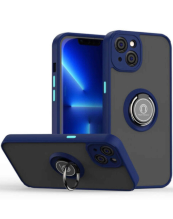 Hard PC Rear / Soft TPU Colorful Border Case with I-ring Holder - NAVY BLUE for iPhone 14 / 13 (Only Ground Shipping)