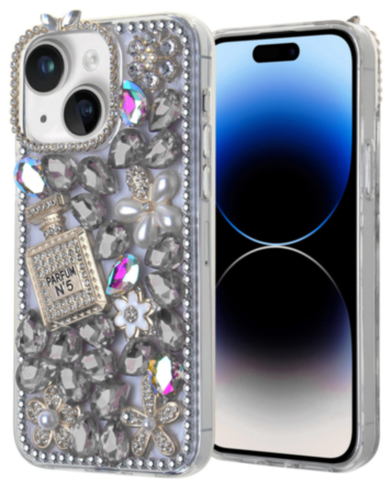 Crystal Flower Perfume Silicone Hard Case - SILVER for iPhone 15 (Only Ground Shipping)