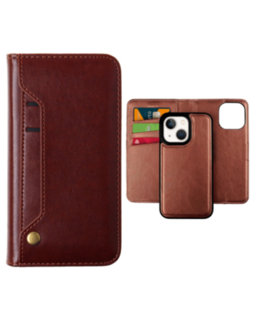 iPhone 14 Plus / 15 Plus Genuine Leather Magnetic Wallet Case with Credit Card Slot - BROWN (Only Ground Shipping)