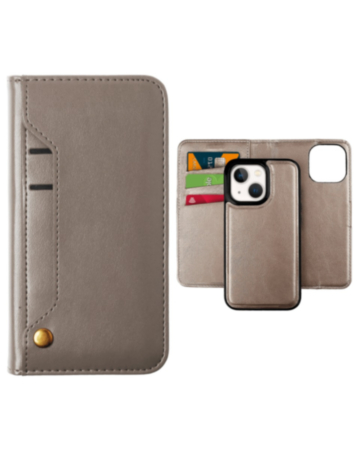 iPhone 14 Plus / 15 Plus Genuine Leather Magnetic Wallet Case with Credit Card Slot - GRAY (Only Ground Shipping)