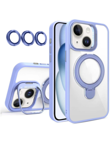 Magnetic Clear Case with 2 Kickstand & Camera Lens - LIGHT PURPLE for iPhone 15 (Only Ground Shipping)