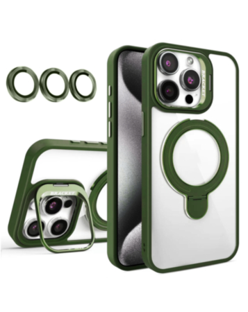 Magnetic Clear Case with 2 Kickstand & Camera Lens - DARK GREEN for iPhone 15 Pro (Only Ground Shipping)