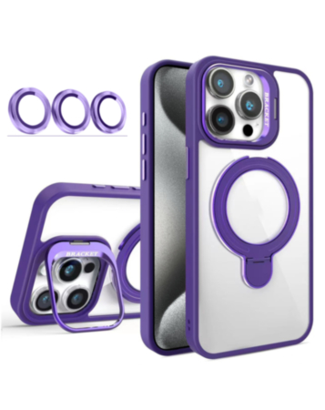 Magnetic Clear Case with 2 Kickstand & Camera Lens - DARK PURPLE for iPhone 15 Pro (Only Ground Shipping)