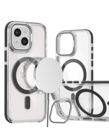 Thin Magnetic Clear Case with Camera Stand Kickstand - BLACK for iPhone 14 Plus / 15 Plus (Only Ground Shipping)