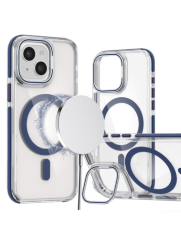 Thin Magnetic Clear Case with Camera Stand Kickstand - BLUE for iPhone 14 Plus / 15 Plus (Only Ground Shipping)