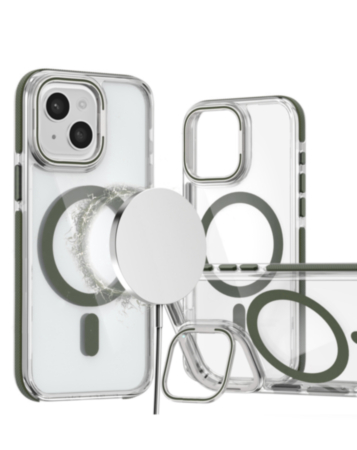 Thin Magnetic Clear Case with Camera Stand Kickstand - GRAY for iPhone 14 Plus / 15 Plus (Only Ground Shipping)