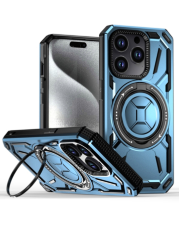 Full-Body Rugged Shockproof Case with Built-in Ring Holder - BLUE for iPhone 15 Pro (Only Ground Shipping)