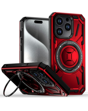 Full-Body Rugged Shockproof Case with Built-in Ring Holder - RED for iPhone 15 Pro (Only Ground Shipping)