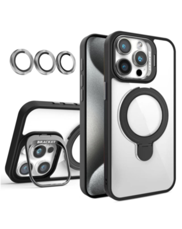 Magnetic Clear Case with 2 Kickstand & Camera Lens - BLACK for iPhone 15 Pro (Only Ground Shipping)