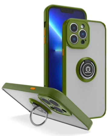 Hard PC Rear / Soft TPU Colorful Border Case with I-ring Holder - NAVY GREEN for iPhone 15 Pro (Only Ground Shipping)