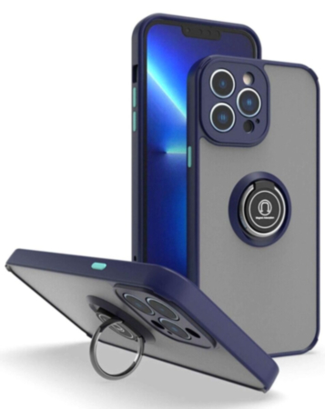 Hard PC Rear / Soft TPU Colorful Border Case with I-ring Holder - NAVY BLUE for iPhone 15 Pro (Only Ground Shipping)