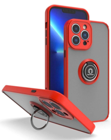 Hard PC Rear / Soft TPU Colorful Border Case with I-ring Holder - RED for iPhone 15 Pro (Only Ground Shipping)