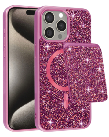 Magnetic Diamond Dual Layer Protection Case with Magnetic Card Slot (PINK) for iPhone 15 Pro Max (Only Ground Shipping)
