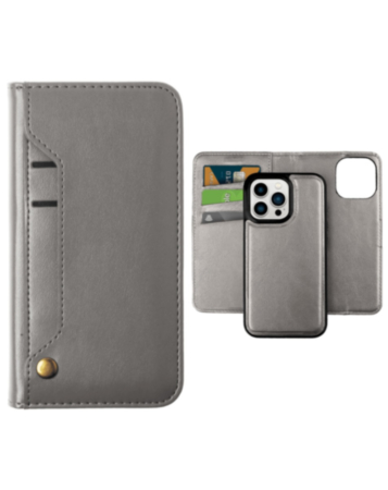 Genuine Leather Magnetic Wallet Case with Credit Card Slot - GRAY for iPhone 15 Pro (Only Ground Shipping)