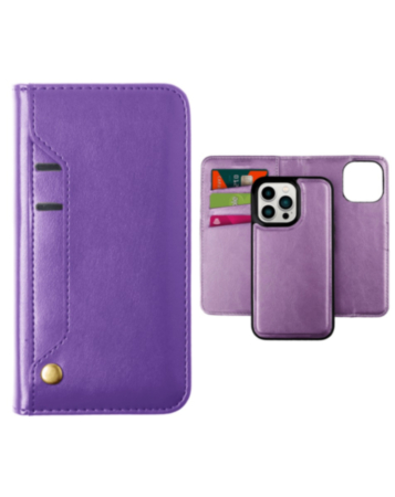 Genuine Leather Magnetic Wallet Case with Credit Card Slot - PURPLE for iPhone 15 Pro (Only Ground Shipping)