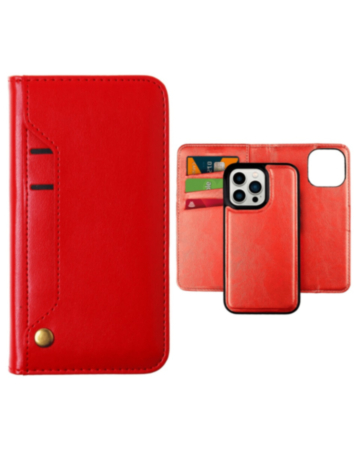 Genuine Leather Magnetic Wallet Case with Credit Card Slot - RED for iPhone 15 Pro (Only Ground Shipping)