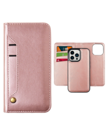 Genuine Leather Magnetic Wallet Case with Credit Card Slot - ROSE GOLD for iPhone 15 Pro (Only Ground Shipping)