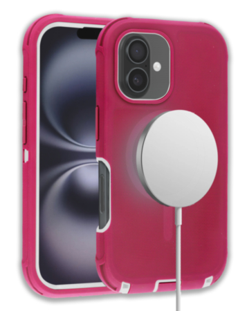 Wireless Charging Heavy Duty Case - PINK & WHITE for iPhone 16 Plus (Only Ground Shipping)