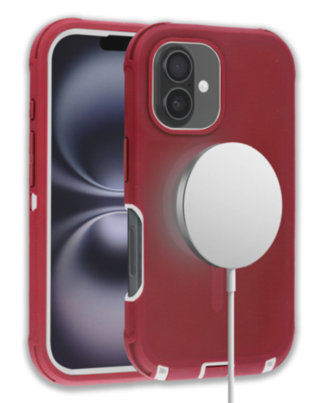 Wireless Charging Heavy Duty Case - RED & WHITE for iPhone 16 Plus (Only Ground Shipping)