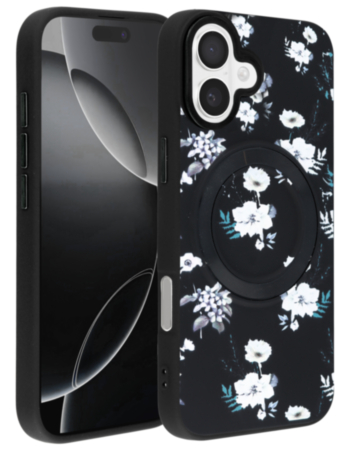 Flower Design Wireless Charging Case - BLACK for iPhone 16 Plus (Only Ground Shipping)