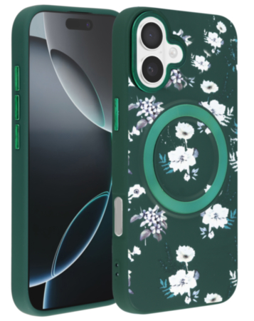 Flower Design Wireless Charging Case - DARK GREEN for iPhone 16 Plus (Only Ground Shipping)