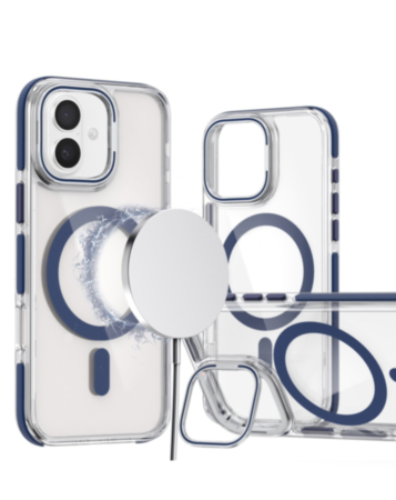 Thin Magnetic Clear Case with Camera Stand Kickstand - BLUE for iPhone 16 Plus (Only Ground Shipping)