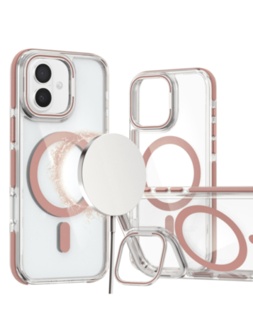 Thin Magnetic Clear Case with Camera Stand Kickstand - PINK for iPhone 16 Plus (Only Ground Shipping)