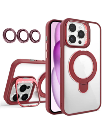 Magnetic Clear Case with 2 Kickstand & Camera Lens (Burgundy) for iPhone 16 Pro (Only Ground Shipping)
