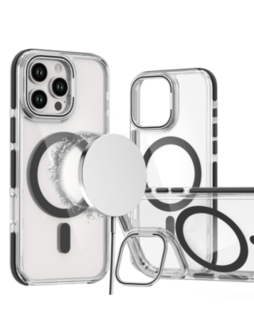 Thin Magnetic Clear Case with Camera Stand Kickstand - BLACK for iPhone 16 Pro (Only Ground Shipping)