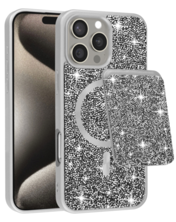 Magnetic Diamond Dual Layer Protection Case with Magnetic Card Slot- SILVER for iPhone 16 Pro Max (Only Ground Shipping)