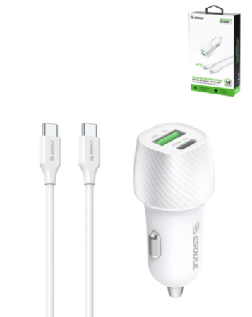Esoulk PD&QC USB C+A Car Charger with USB C-C Cable (3ft) (48W) (WHITE) (Only Ground Shipping)