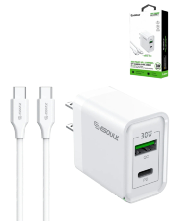 Esoulk PD&QC Wall Charger with C-C USB Cable (WHITE) (5ft) (30W) (Only Ground Shipping)